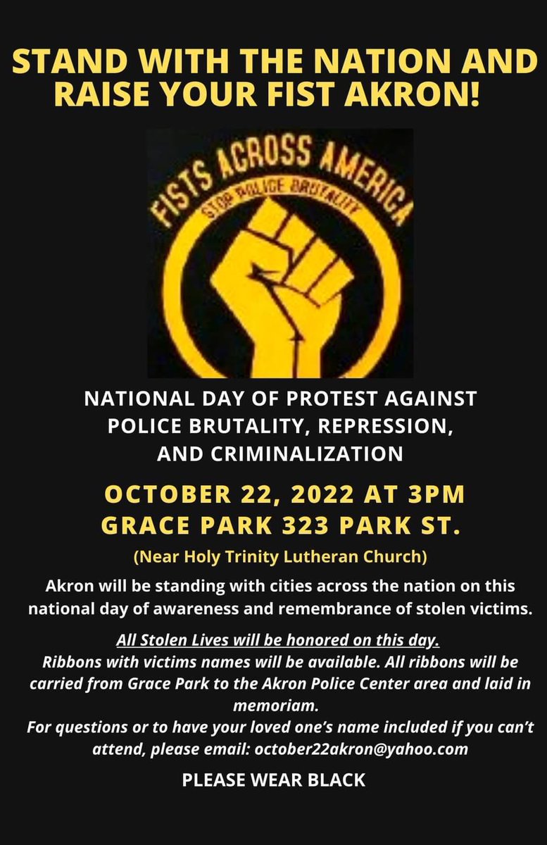 CLEprotest's tweet photo. Saturday, October 22 at 3PM.
Grace Park (323 Park St., Akron https://t.co/qtU1clgXrW