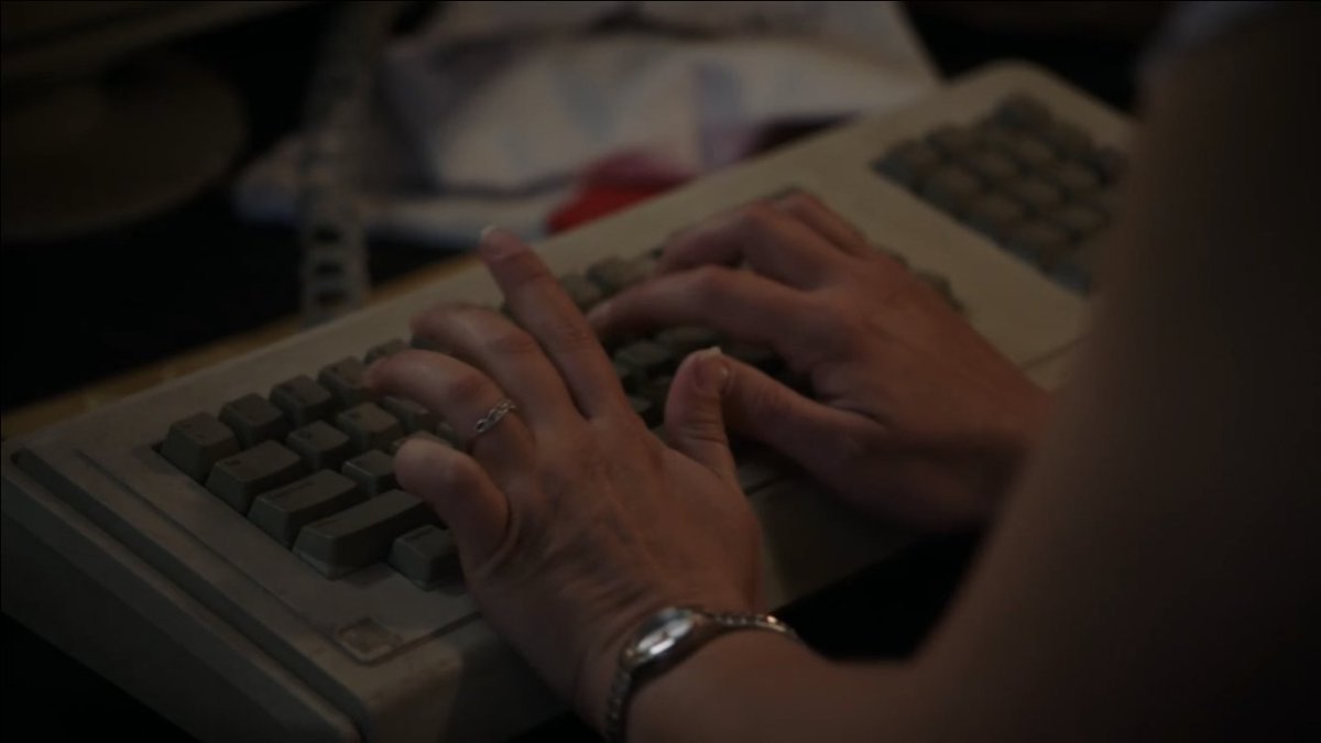 For some reason, Sheldon’s mother is typing her novel on a Lisa keyboard. (S06E03) Kind of dirty, missing a key, and inexplicably connected to a PC it seems. Still, caught my attention.