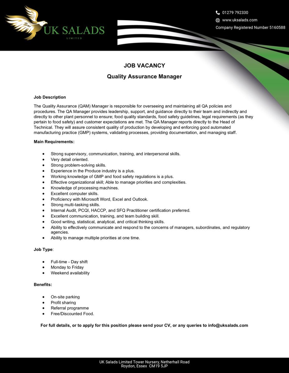 JOB Vacancy: Quality Assurance Manager, contact Info@uksalads.com