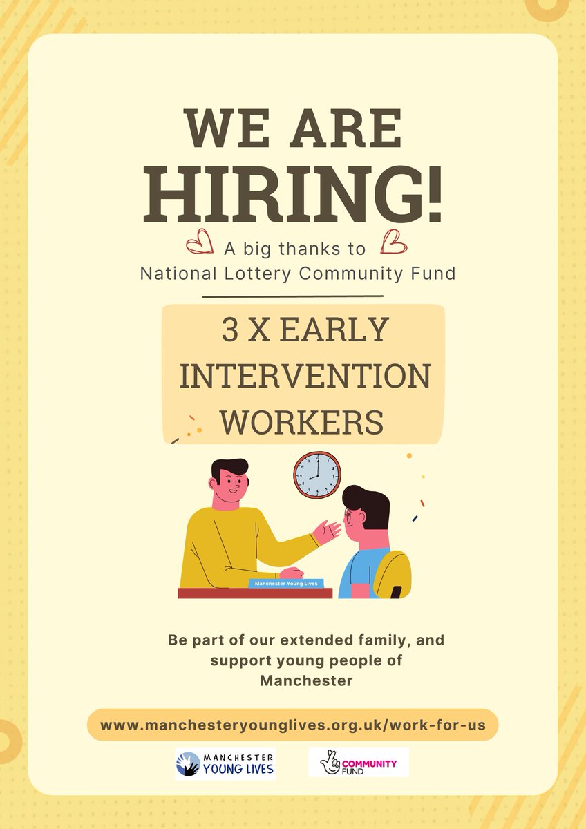 Thanks to @TNLComFund , we are delighted to be recruiting for 3 x Early Intervention workers to provide support for children and young people. Go to our website for more info🖱️manchesteryounglives.org.uk/2022/10/20/ear… Please reshare with your networks📨 #youthjobs #jobad #NationalLottery