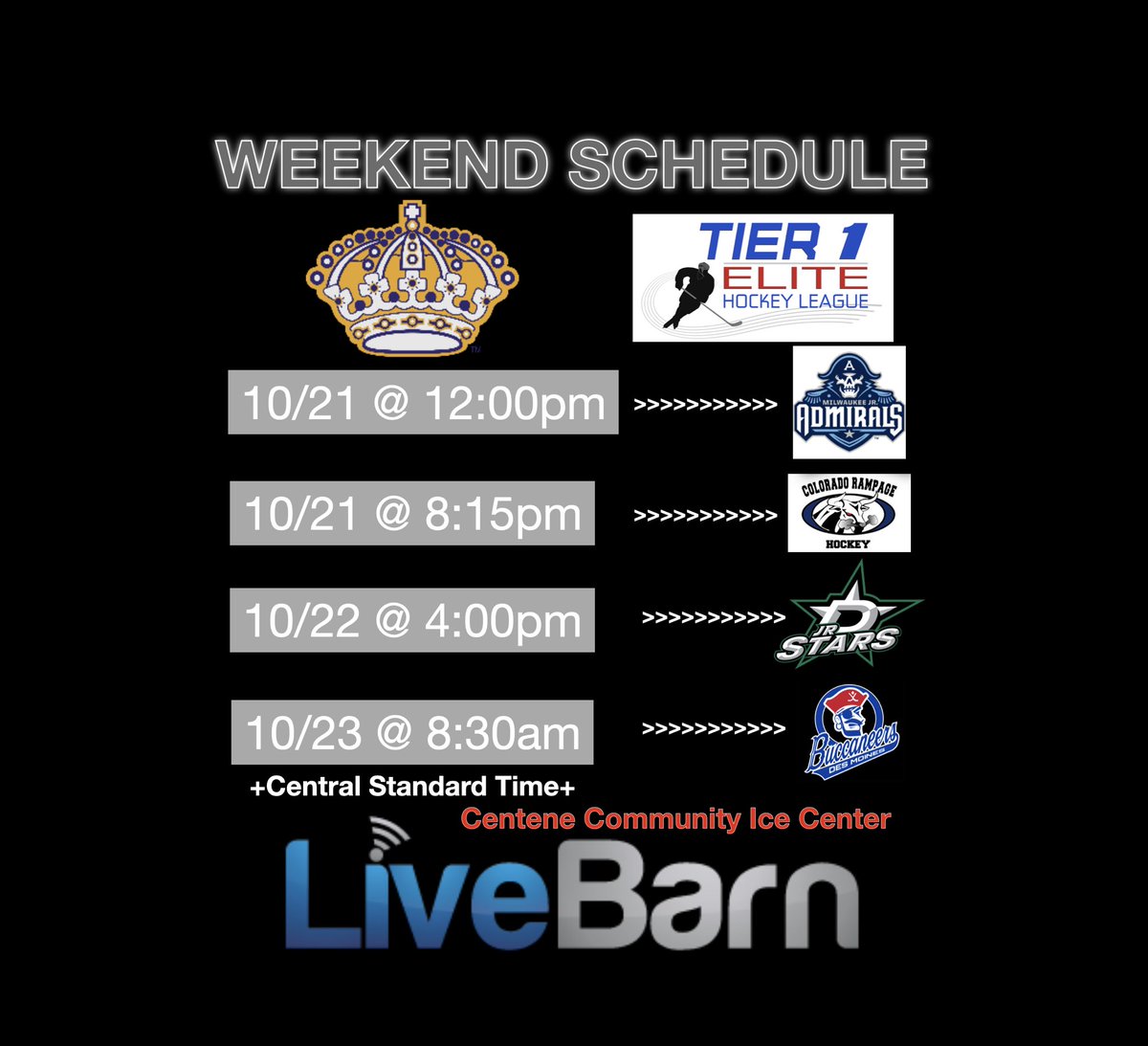 JrKings16AAA's tweet image. T1EL SHOWCASE this weekend in St. Louis! Starts Friday. All games on @LiveBarn. #GoKingsGo 👑👑👑 @JrKings06 @hockeymaps @T1EHL