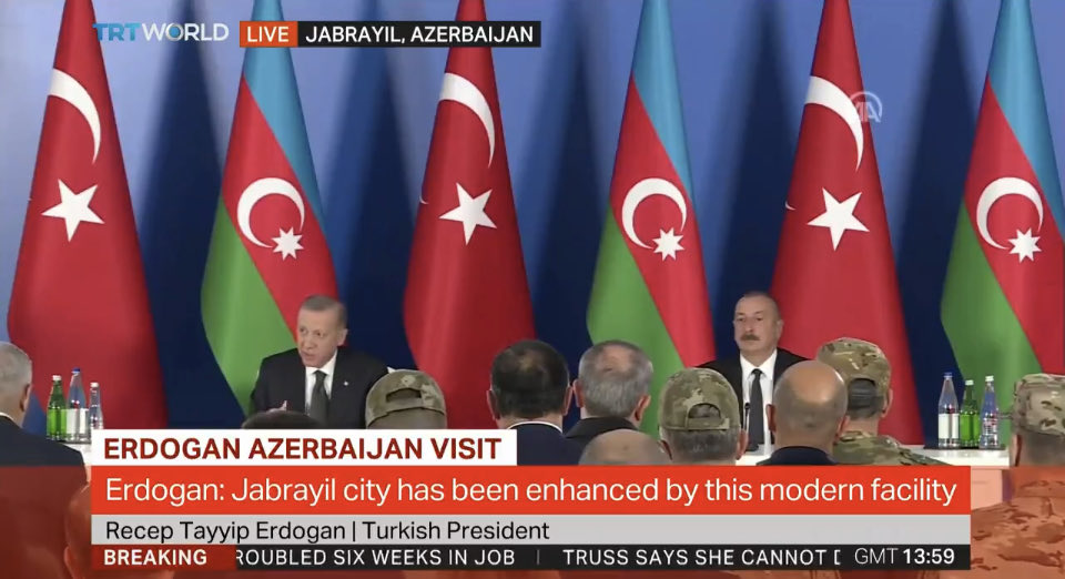⁦<a href="/RTErdogan/">Recep Tayyip Erdoğan</a>⁩ at the joint 🇦🇿🇹🇷 press-conference in the liberated city of Jabrayil: Azerbaijan’s ultimate goal is lasting peace and stability in the region. East-West corridor will bring about many opportunities, so concerns and fears over it are unnecessary.