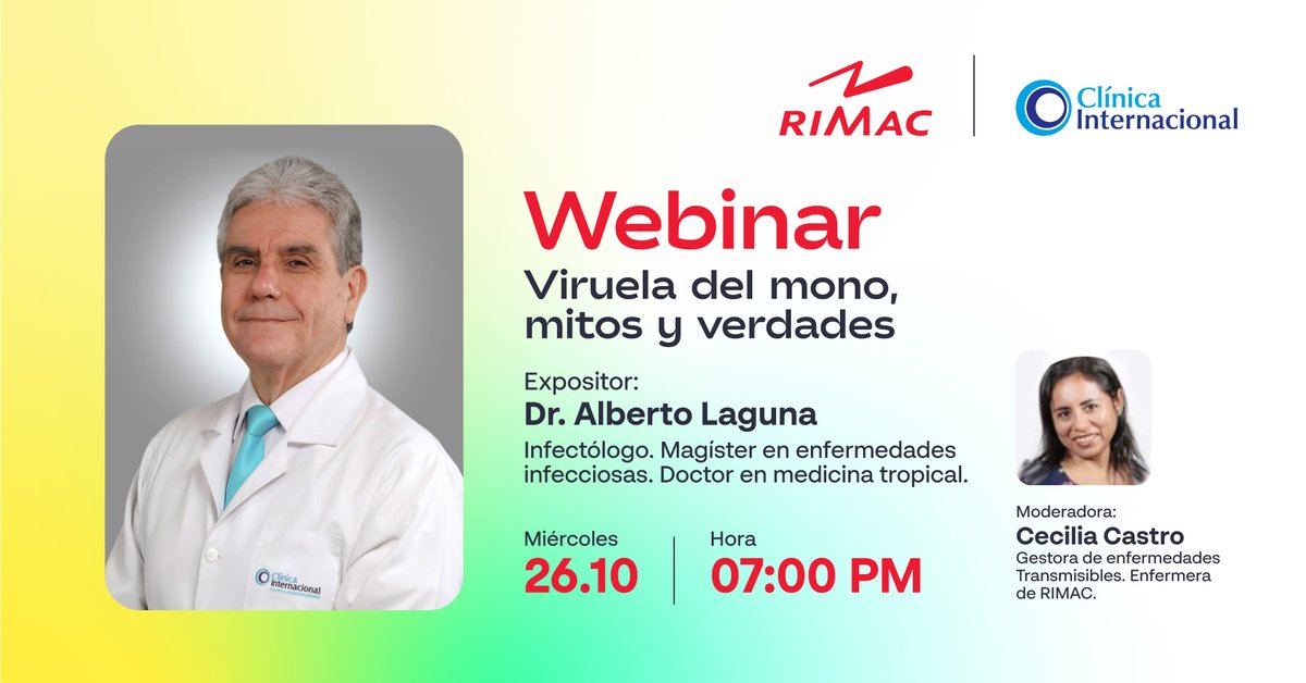 #WebinarRIMAC

¿Quieres conocer más sobre la viruela del mono? 🤔

🗓 Miércoles 26 de octubre.
⏰ 7:00 p.m.  
‍A cargo de: Dr. Alberto Laguna

👉 Inscríbete aquí: lnkd.in/e5brvs6x
