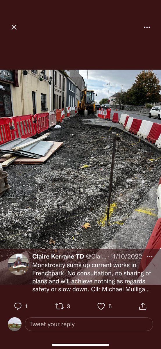 So…the needless works have thankfully stopped here in Frenchpark thanks to <a href="/ClaireKerrane/">Claire Kerrane TD</a> 🙏🙏 but what is the plan now? How will this be resolved? Will there be public consultation now? &amp; can we resolve the parking issue which has unfortunately been created by <a href="/roscommoncoco/">Roscommon County Council</a> ??