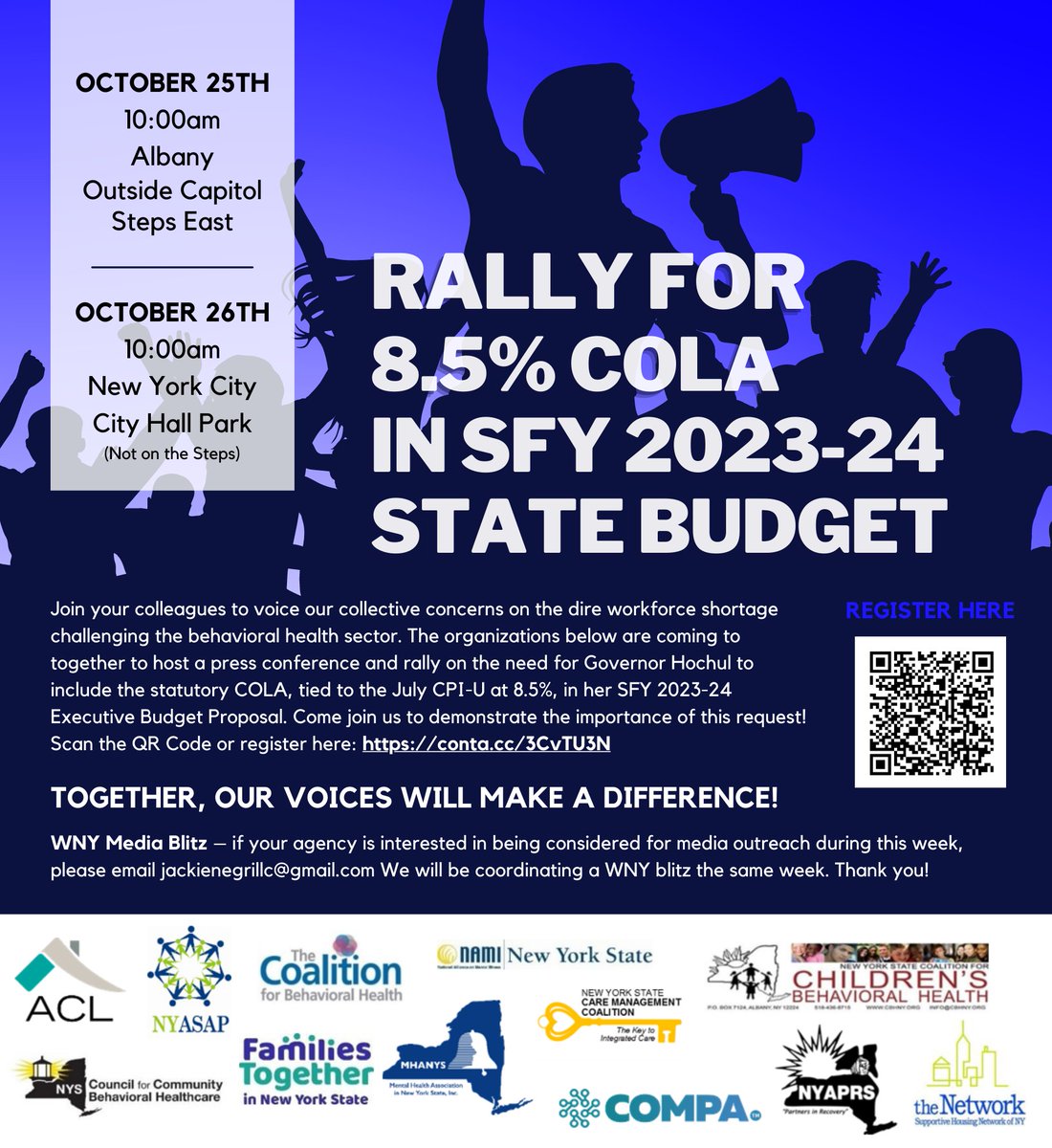 theNetworkNY's tweet photo. Join us with a coalition of behavioral health advocates to rally for an 8.5% COLA in next year's State budget! 

This COLA is desperately needed to address the dire workforce shortage challenging the sector.

Albany: 10/25 @ 10AM &amp; NYC:10/26 @ 10AM

RSVP: https://t.co/s8M3Zjg9MY https://t.co/hdk5Kar4Ad
