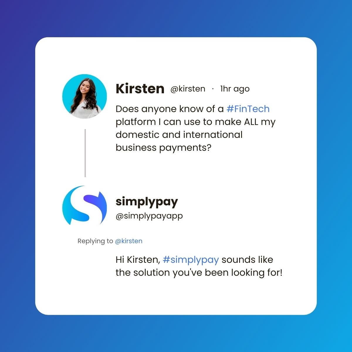simplypayapp's tweet photo. Your search 🔍️ is officially over!

With simplypay, you'll find global and domestic business transactions easier, faster, and more convenient than ever before. 

#simplypay #payables #payments #currency #fintech #fintechstartup #canada #vancouver #bc https://t.co/EfE7buUd4L