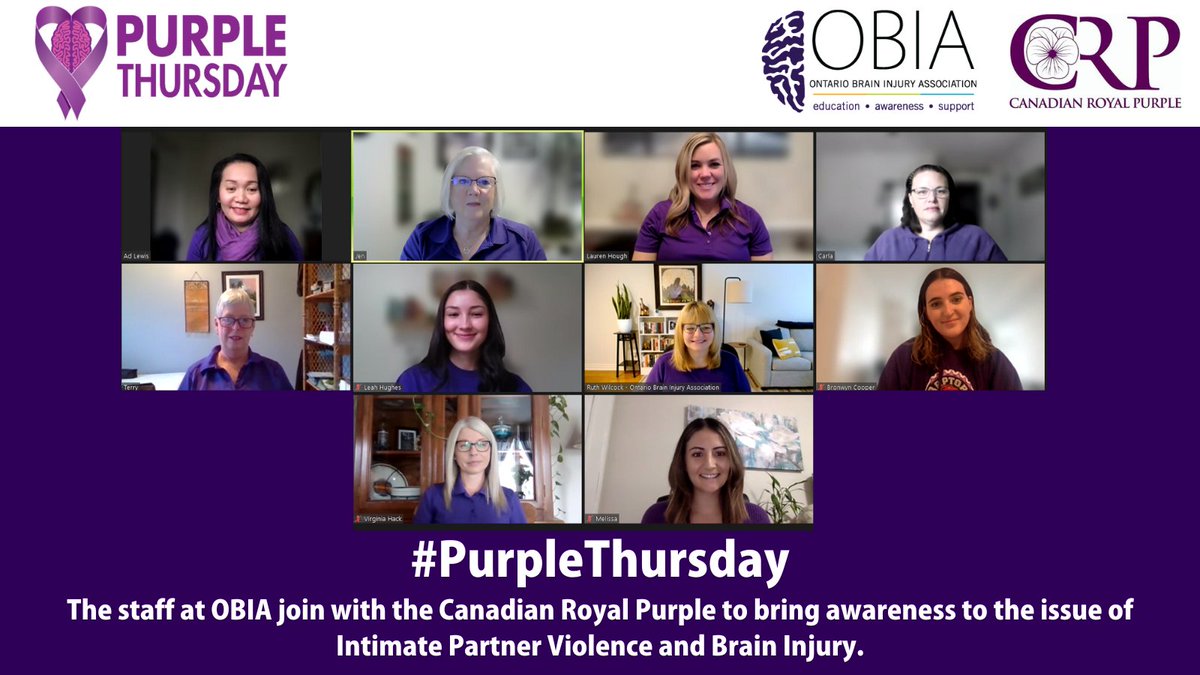 OBIA (@ontariobia) on Twitter photo On Thursday Oct 20, OBIA & Brain Injury Assoc across Canada, supported by the Canadian Royal Purple, will be engaging in #PurpleThursday to bring awareness to the issue of Intimate Partner Violence & brain injury. Today, the staff at OBIA show our support.
<a href="/CRP_National/">Canadian Royal Purple</a> On Thursday Oct 20, OBIA & Brain Injury Assoc across Canada, supported by the Canadian Royal Purple, will be engaging in #PurpleThursday to bring awareness to the issue of Intimate Partner Violence & brain injury. Today, the staff at OBIA show our support.
<a href="/CRP_National/">Canadian Royal Purple</a>
