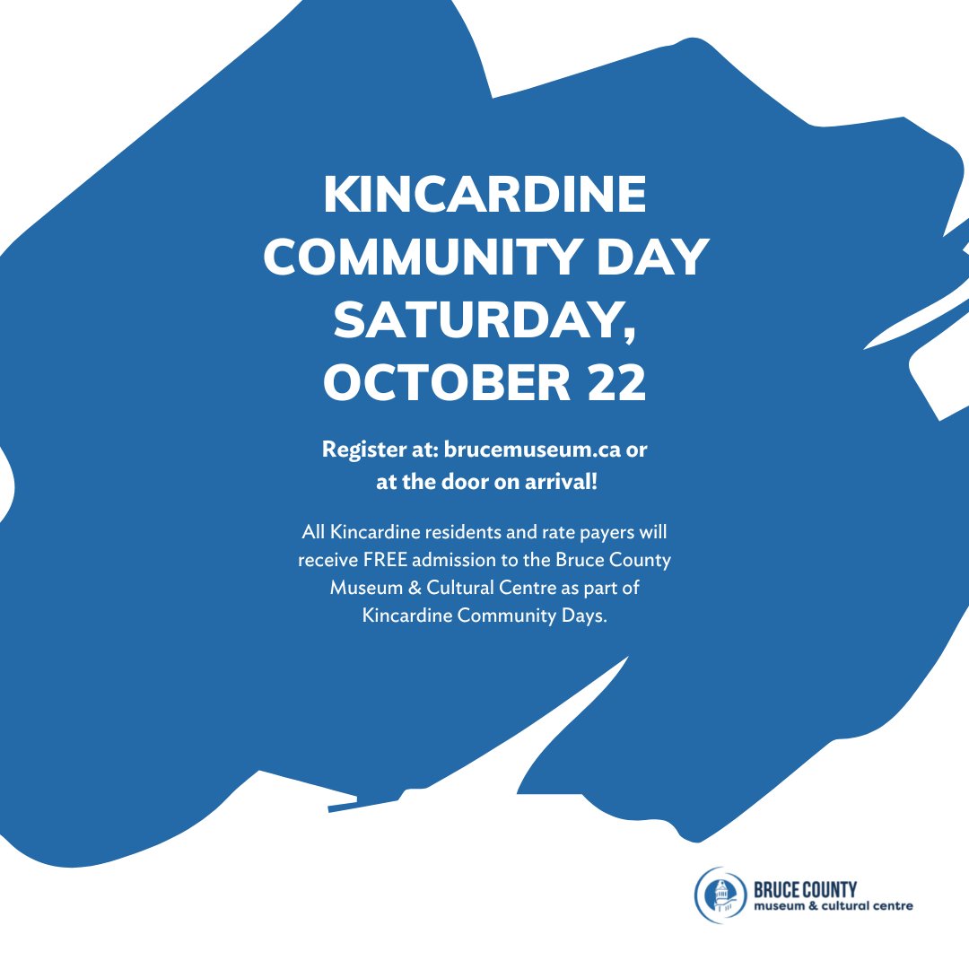 Calling all #KincardineON residents and taxpayers! Our next Kincardine Community Day is coming up this Sat, Oct 22. 

Enjoy FREE admission to the Museum, including our newest exhibits! 

Register: bit.ly/3gcQgDh

@Kincardine_ON