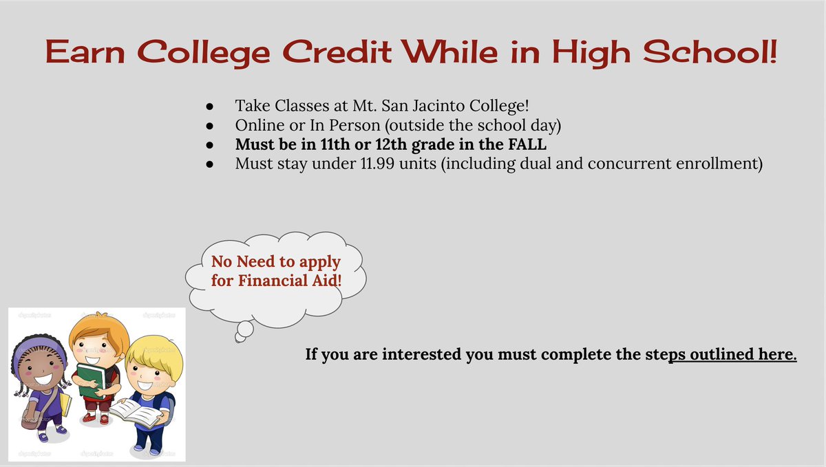 CounselorSolis's tweet photo. Juniors &amp; Seniors!  Are you interested in earning college credit while in high school?  Save time and money by taking dual and concurrent enrollment classes. Check your student email for details. Deadline to apply for dual and concurrent enrollment is November 11th! @PalomaValley https://t.co/eQH60ubM9E