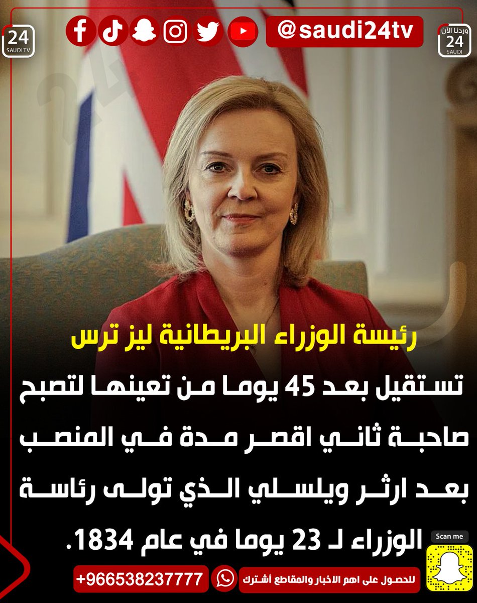 elayela24's tweet photo. رئيسة الوزراء البريطانية ليز ترس تستقيل بعد ٤٥ يوما من تعينها لتصبح صاحبة ثاني اقصر مدة في المنصب بعد ارثر ويلسلي الذي تولى رئاسة الوزراء لـ ٢٣ يوما في عام ١٨٣٤.
#لندن 
#الرياض https://t.co/VoP91I4F73