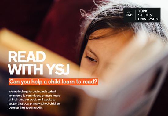 We're running a project between January and February
2023 to support local children in developing the
the invaluable life skill of reading, and we're looking for
student volunteers.

By sparing 1 to 3 hours a week, you can make a real change ⬇️

yorksj.eu.qualtrics.com/jfe/form/SV_3v…