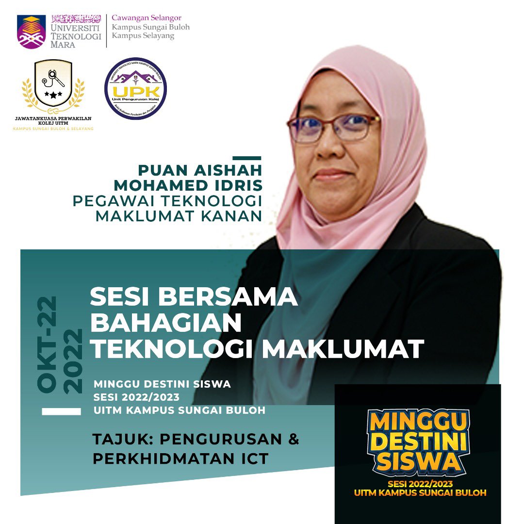 JPKUSB's tweet photo. Assalamualaikum w.b.t,
Salam Sejahtera,
Salam UiTM dihatiku

*MINGGU DESTINI SISWA SESI 22/23*🩺

Perhatian kepada semua mahasiswa/mahasiswi👩🏻‍🎓👨🏻‍🎓 baharu UiTM Sungai Buloh sesi 22/23, anda semua dijemput untuk menghadiri Minggu Destini Siswa (Sungai Buloh) Sesi 22/23 https://t.co/7dGnLd0jYt
