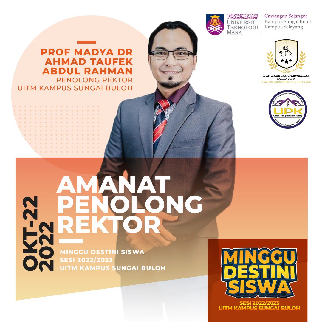 JPKUSB's tweet photo. Assalamualaikum w.b.t,
Salam Sejahtera,
Salam UiTM dihatiku

*MINGGU DESTINI SISWA SESI 22/23*🩺

Perhatian kepada semua mahasiswa/mahasiswi👩🏻‍🎓👨🏻‍🎓 baharu UiTM Sungai Buloh sesi 22/23, anda semua dijemput untuk menghadiri Minggu Destini Siswa (Sungai Buloh) Sesi 22/23 https://t.co/7dGnLd0jYt