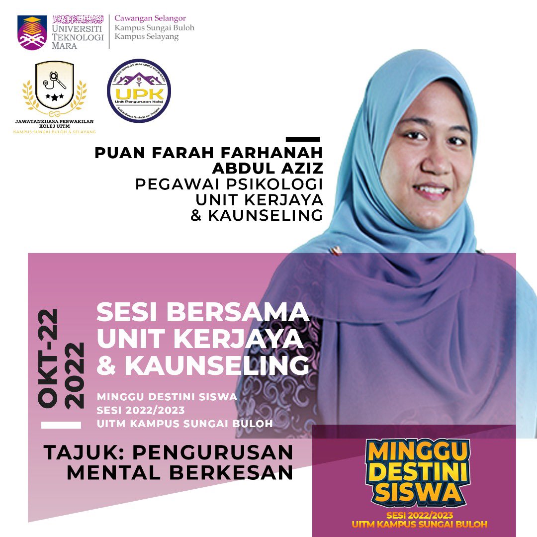 JPKUSB's tweet photo. Assalamualaikum w.b.t,
Salam Sejahtera,
Salam UiTM dihatiku

*MINGGU DESTINI SISWA SESI 22/23*🩺

Perhatian kepada semua mahasiswa/mahasiswi👩🏻‍🎓👨🏻‍🎓 baharu UiTM Sungai Buloh sesi 22/23, anda semua dijemput untuk menghadiri Minggu Destini Siswa (Sungai Buloh) Sesi 22/23 https://t.co/7dGnLd0jYt
