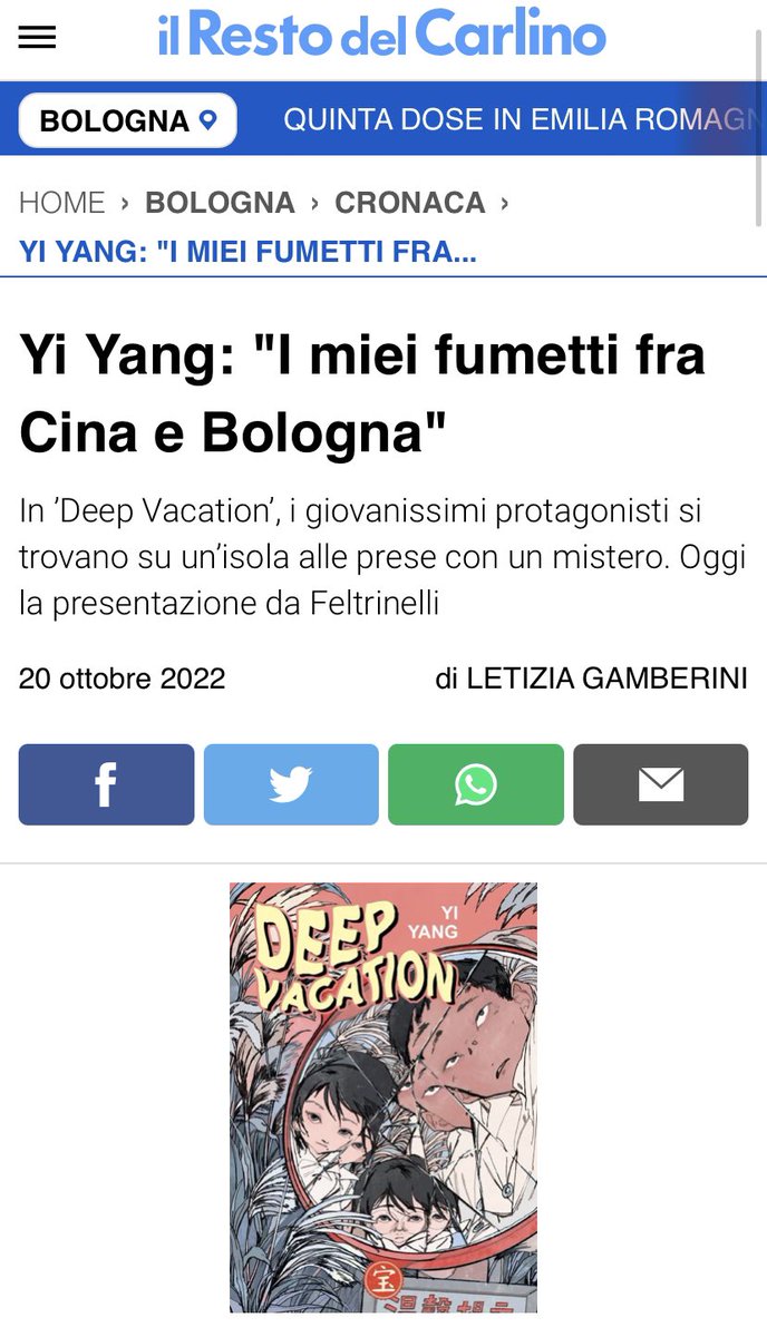 Intervista a Yi Yang sul nuovo fumetto “Deep Vacation” <a href="/Baopublishing/">Bao Publishing</a>  ilrestodelcarlino.it/bologna/cronac…