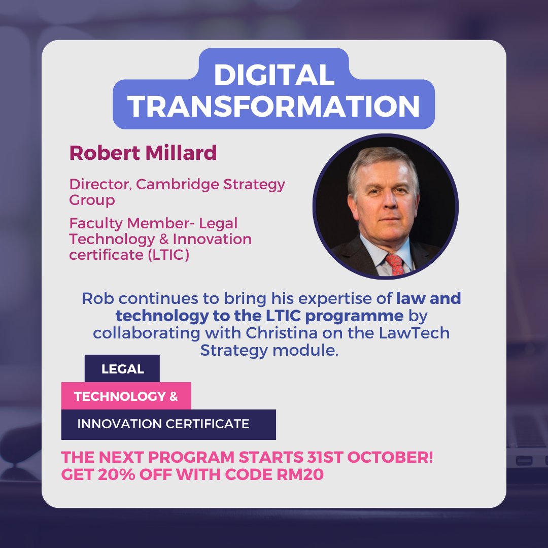 CamStratGroup's tweet photo. Join @robmillard and other faculty for the next Legal Technology and Innovation Certificate program, starting October 31st. Register via this link: https://t.co/ukVmUNswvK Use code RM20 for a 20% discount. https://t.co/ehURWy9Pxe