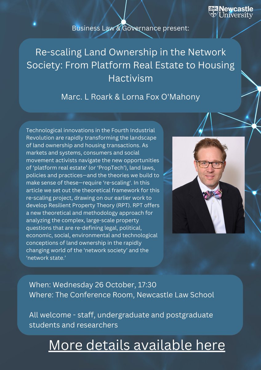 Business Law and Governance Group (@bizlawgov) on Twitter photo Looking forward to <a href="/MarcLaneRoark/">Marc Roark</a>'s seminar <a href="/NCLLawSchool/">Newcastle Law School is leaving X</a> on 26 Oct, 17:30. He will be discussing the transformation of land ownership and housing transactions by technological innovations in the Fourth Industrial Revolution. Looking forward to <a href="/MarcLaneRoark/">Marc Roark</a>'s seminar <a href="/NCLLawSchool/">Newcastle Law School is leaving X</a> on 26 Oct, 17:30. He will be discussing the transformation of land ownership and housing transactions by technological innovations in the Fourth Industrial Revolution.