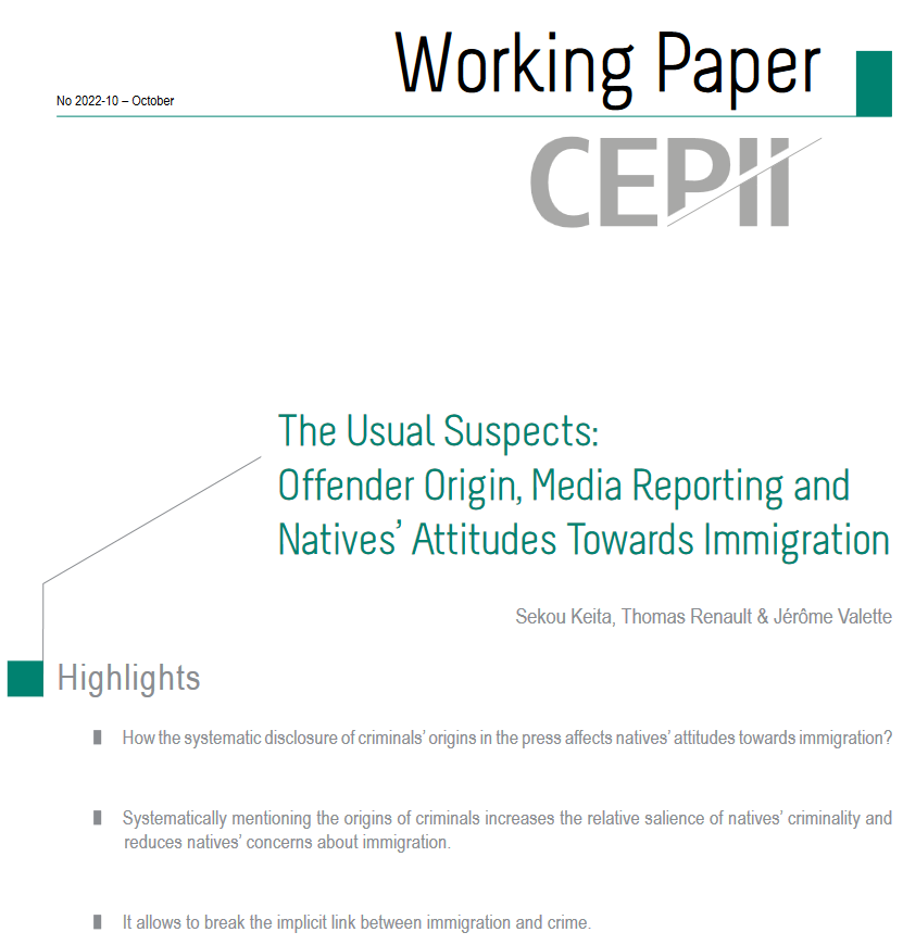 'The Usual Suspects: Offender Origin, Media Reporting and Natives’ Attitudes Towards #Immigration' by Sekou Keita, Thomas Renault @capitaineco_fr, @Je_Valette. When media disclose the origins of #criminals, it reduces natives’ concerns about immigration. cepii.fr/CEPII/fr/publi…