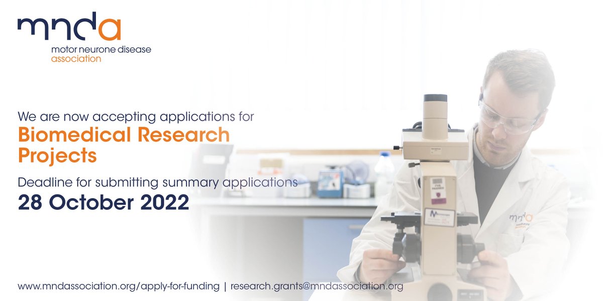 📆⌛️ Just ONE WEEK left to apply for our @mndassoc research grants for Biomedical Research Projects! 🔬 Summary applications for are being accepted until Friday 28 October. For more information and to apply, please visit ⬇️ mndassociation.org/research/for-r…
