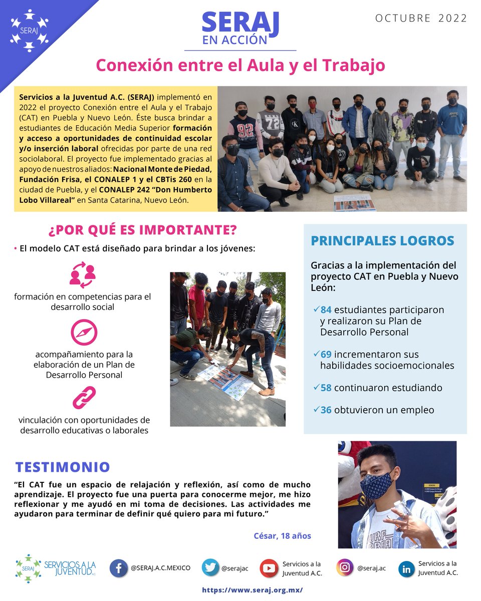 serajac's tweet photo. ⚡️Gracias al proyecto 'Conexión entre el Aula y el Trabajo' aseguramos la formación, la continuidad escolar y la inserción laboral de jóvenes en Puebla y Nuevo León.
¡A nuestros aliados, gracias! @NMontePiedad @FrisaFundacion, #CONALEP1, #CBTIS260, #CONALEP242
#PorLasJuventudes https://t.co/E3zKkbBdSS
