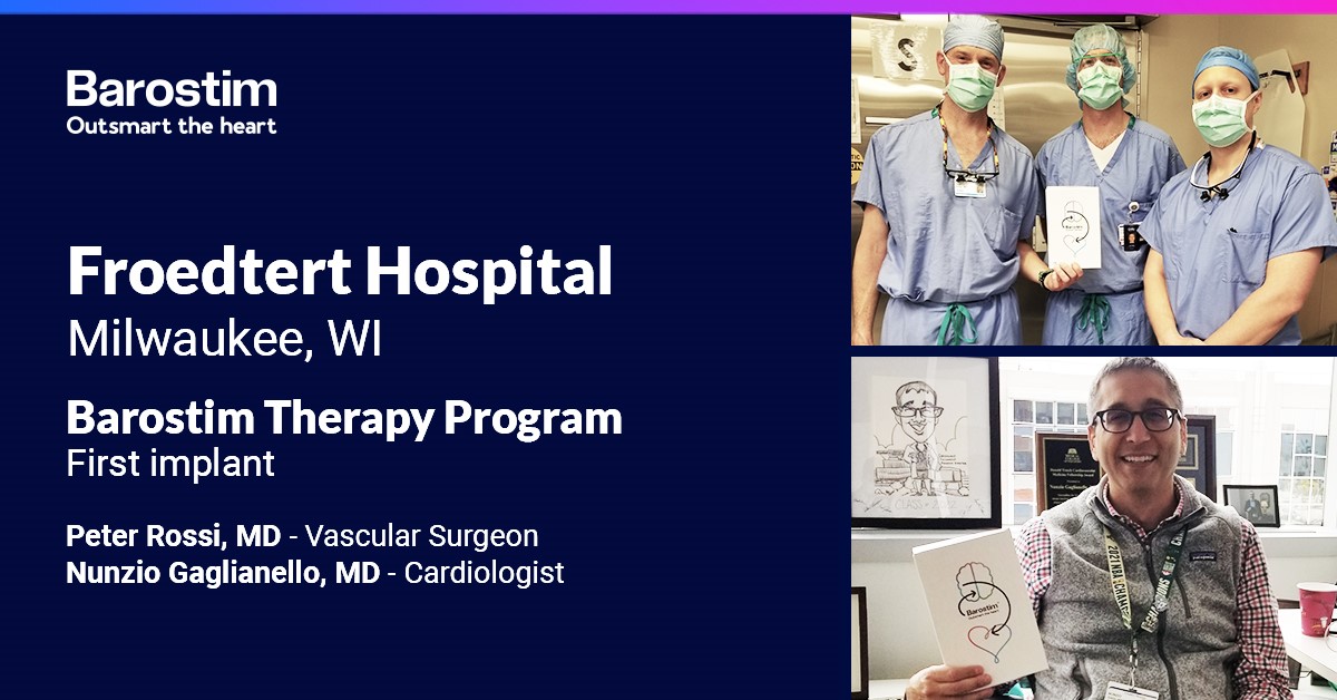 We’re proud to partner with Drs. @peterjrossi and @ngaglianello and team @Froedtert Hospital on the first two #Barostim implants in Milwaukee! #OutsmartTheHeart #cardiology #cardiotwitter #heartfailure #healthcare #medtech #innovation