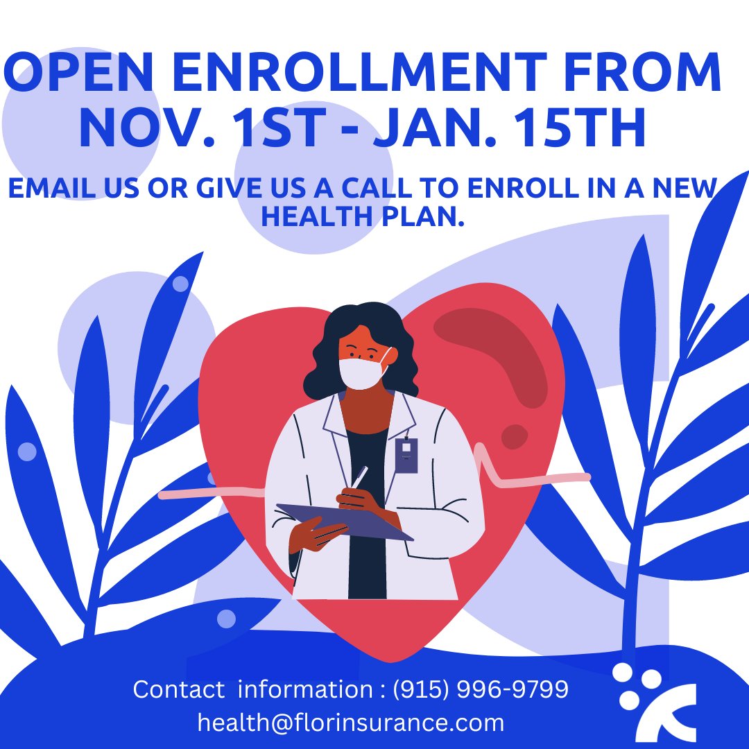 fclynch's tweet image. Its that time of the year again. Open Enrolment will be from November 1st to January 15th. call or email our agents to be enrolled in to your health insurance plan.
#florinsurance #elpaso #openenrollment #lifeinsurance