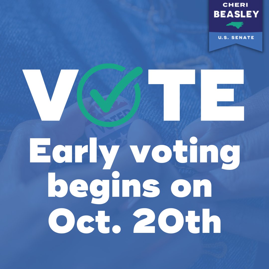 CheriBeasleyNC's tweet photo. Early voting begins today! You can vote in any polling location in your county – and you can register to vote in person! 

Find your polling location at https://t.co/XqGbcFGmxz🎉 https://t.co/JfzQRMTUs0