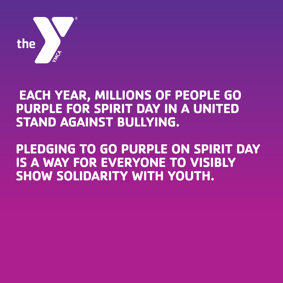 YMCADetroit's tweet photo. On Spirit Day, we wear purple to support the LGBTQ+ youth in our community.
With cyberbullying towards LGBTQ+ youth at an all-time high, we pledge to stand up against bullying.
Visit https://t.co/iDRGhRMOiu to learn more and join the pledge. #MakeEveryDayBetter https://t.co/psj4sYViFB
