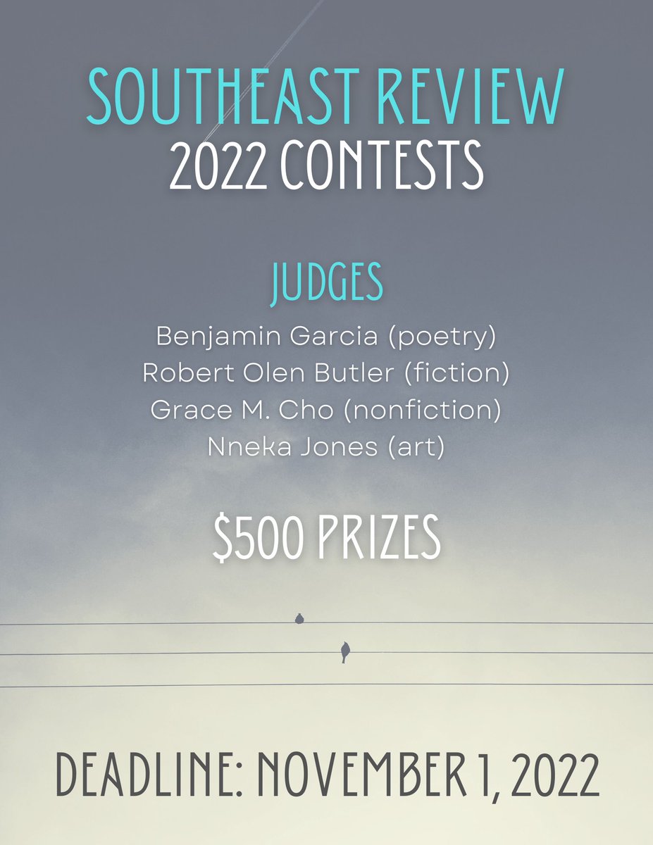 Only 12 days left to submit for a chance to win our contest!! Don't miss out!! @RobtOlenButler @GraceMCho <a href="/bengarciapoet/">Benjamin Garcia</a> <a href="/artyouhungry/">N N E K A</a> 

southeastreview.org/writing-contes…