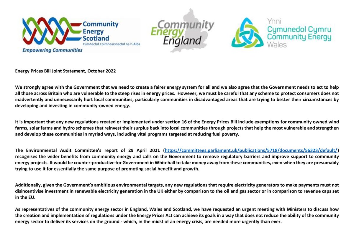 Our joint statement with @CES_Tweet @CommEnergyWales on the Energy Prices Bill #CommunityEnergy