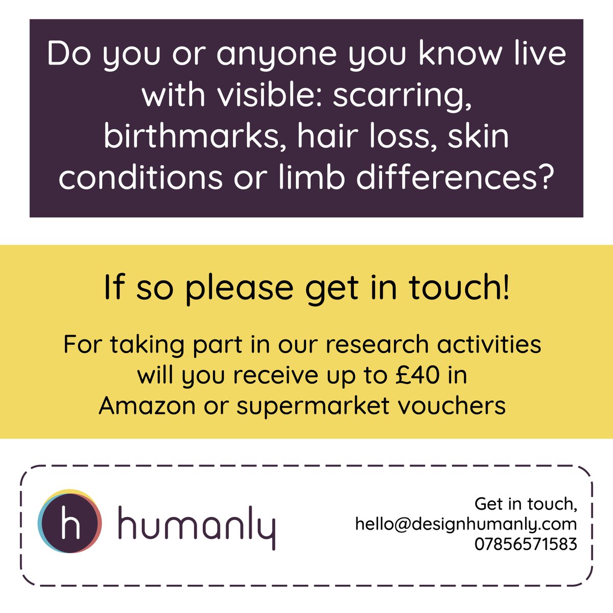 Do you or anyone you know live with visible: scarring, birthmarks, hair loss, skin conditions or limb differences? We're carrying out research for <a href="/FaceEquality/">Changing Faces</a> to inform future services - if you know anyone who might be interested please share!