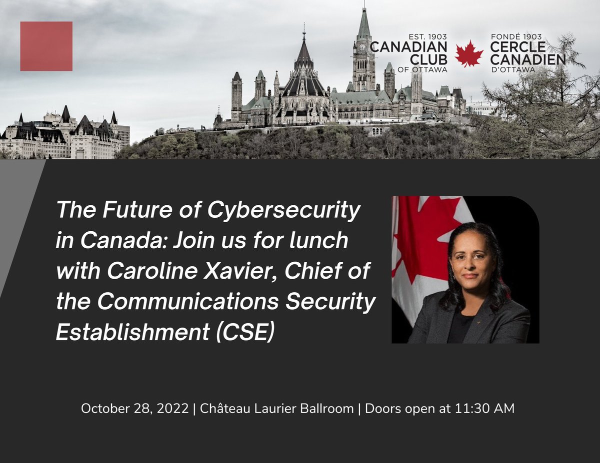 cdnclubottawa's tweet photo. Join us for lunch and a keynote address on #Cybersecurity by new CSE Chief, Caroline Xavier, followed by a fireside chat and Q&A moderated by Wendy Wagner, a partner in Gowling WLG's Ottawa office and co-leader of the firm's Cyber Security & Data Protection Group.
#CCOevents https://t.co/qaOBxEXuq4