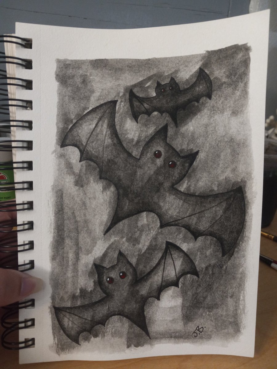 Jmonroe1989's tweet photo. Today's art prompt was bats! This is done with acrylics on paper. #art #artist #ArtistOnTwitter #bats #darkart #spookyart #spookyseason #Halloween #halloweenart #painting #acrylicpainting https://t.co/q0l9a2koQI