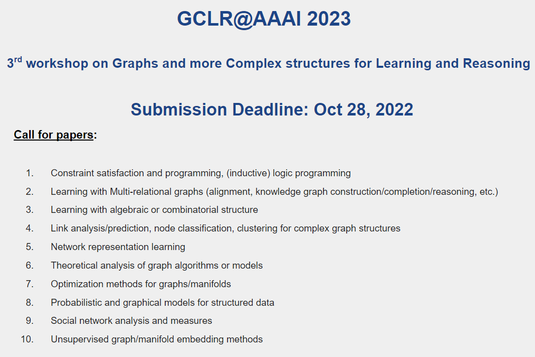 GclrW's tweet photo. Excited to announce that 3rd workshop on graphs &amp; more Complex structures for Learning and Reasoning (GCLR) at AAAI 2023 @RealAAAI is open for submissions.

Submission deadline: Oct 28, 2022

Detailed instructions:
https://t.co/XfmTnoZGxJ

@ravi_iitm @gin_bianconi @PhilChodrow https://t.co/gWMvPC2uvV