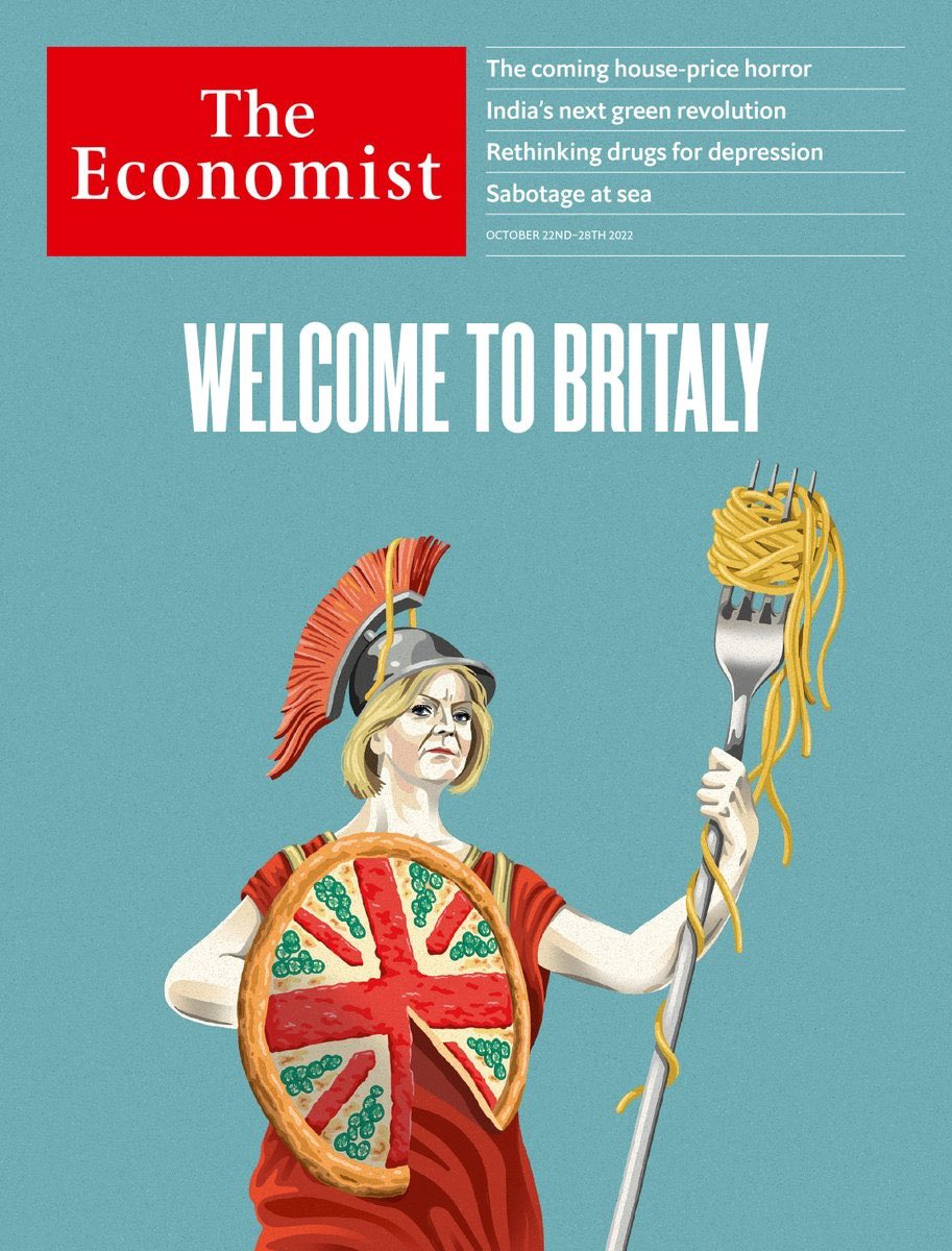 oddonos's tweet image. We find this cover by @TheEconomist very offensive. Pizza, Spaghetti and no Gelato? Outrageous. #LizTruss #italy #Britaly