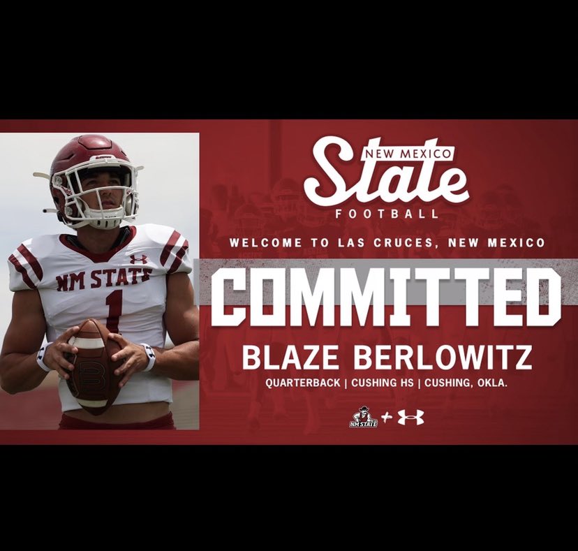 BlazeBerlowitz's tweet photo. Blessed and Excited to announce my commitment to New Mexico State University! Thank you to everyone who has helped and supported me throughout my journey! Glory be to God! Let’s get it @NMStateFootball https://t.co/MyRCb0X7mg