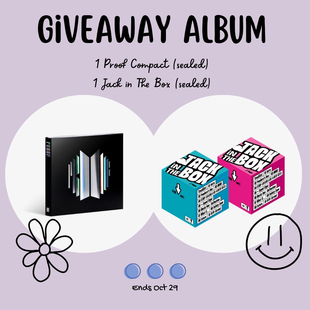 yeooengei's tweet photo. GIVEAWAY BTS ALBUM PROOF COMPACT &amp; JACK IN THE BOX 💫

there will be 2 winners chosen randomly 💜

- ARMY ONLY (🇮🇩)
- RT + comment voting tags
- VOTE BTS!!
- follow my shop at ig https://t.co/kBrHvB4U21

ends on Oct 29! GOOD LUCK💜💜 https://t.co/eA8VHQVOPK