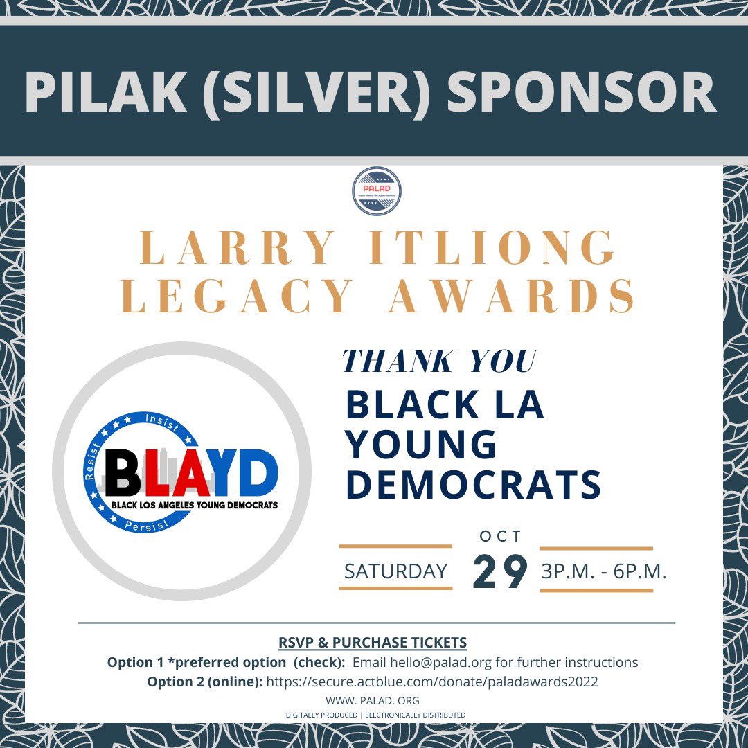PilipinoDems's tweet photo. Thank you,@BLAYoungDems , for sponsoring PALAD at the Pilak (Silver) level! Join us on Saturday, October 29th for our 2022 Larry Itliong Legacy Awards! Become a sponsor and purchase tickets to attend at https://t.co/tzdp0iVQ5b
#FAHM2022 #LarryItliong #PALAD https://t.co/4XVf6Cq6ui