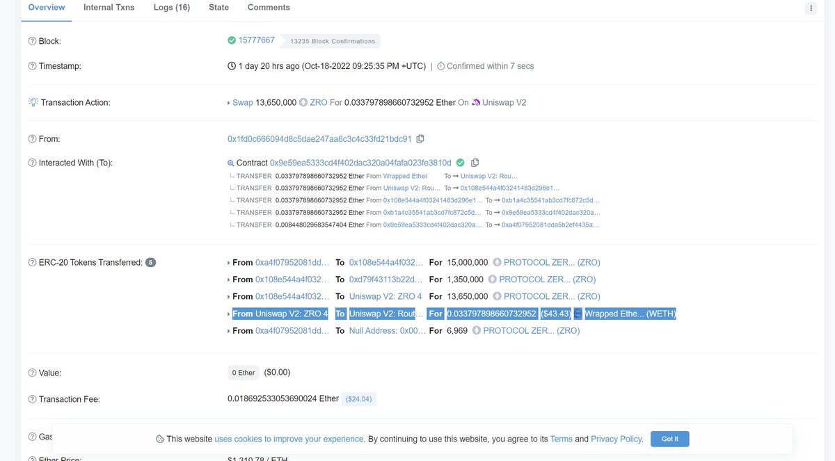 Here's the first Mainnet $ZRO eth swap! The beast is coming to life &amp; im gassed (pun intended)! Note the highlighted section is where it interacts with our TokenSwap contract which converts ZRO to #eth for  network fee💻🤖. 0 eth needed <a href="/tonymoontanaeth/">❄️𝚝𝚘𝚗𝚢𝚖𝚘𝚘𝚗𝚝𝚊𝚗𝚊.𝚎𝚝𝚑❄️</a>  etherscan.io/tx/0x7f07bbafa…