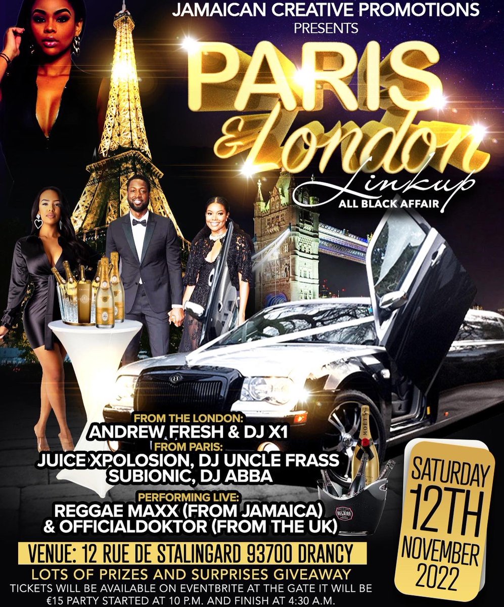DarwinSubionic's tweet image. PARIS &amp;amp; LONDON Link Up ‼️
All Black Affair 🖤

Saturday November 12th • Drancy 93 

🎟️ purchase tickets on eventbrite.fr 

#Party #Paris #London #Jamaica #Dancehall #Subionic