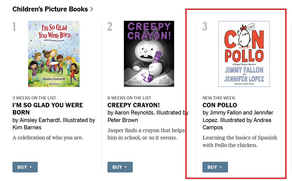 JLO_House's tweet photo. #ConPollo is #3 on The New York Times Best Sellers list ! Congrats @JLo & @jimmyfallon ! https://t.co/uHlcxQ7uEx