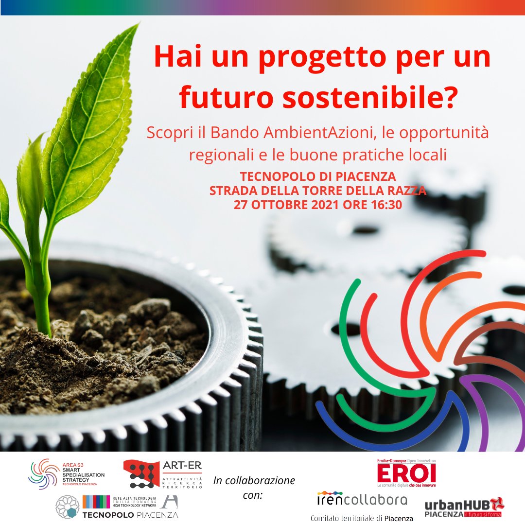 lucapiccinno13's tweet photo. Mercoledì 27 ottobre #TecnopoloPiacenza - presentazione bando #Ambientazioni  @gruppoiren  #Piacenza rivolto a #GIOVANI con progetti in ambito #sostenibilità. Opportunità e buone pratiche @Arter_ER #AREAS3, laboratori #MUSP  @leaplabo e  #urbanhub https://t.co/pJqj7ZHmYy https://t.co/4sCp6YIAv9
