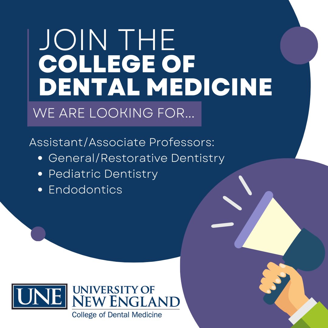 CDM is hiring! Check out these faculty postings!
General Dentistry: tinyurl.com/236ce4zv
Pediatric Dentistry: tinyurl.com/5xnv3j6z
Endodontist: tinyurl.com/yw9hc7ah

#unecdm #dentalmedicine #portlandmaine #jobpostings #nowhiring