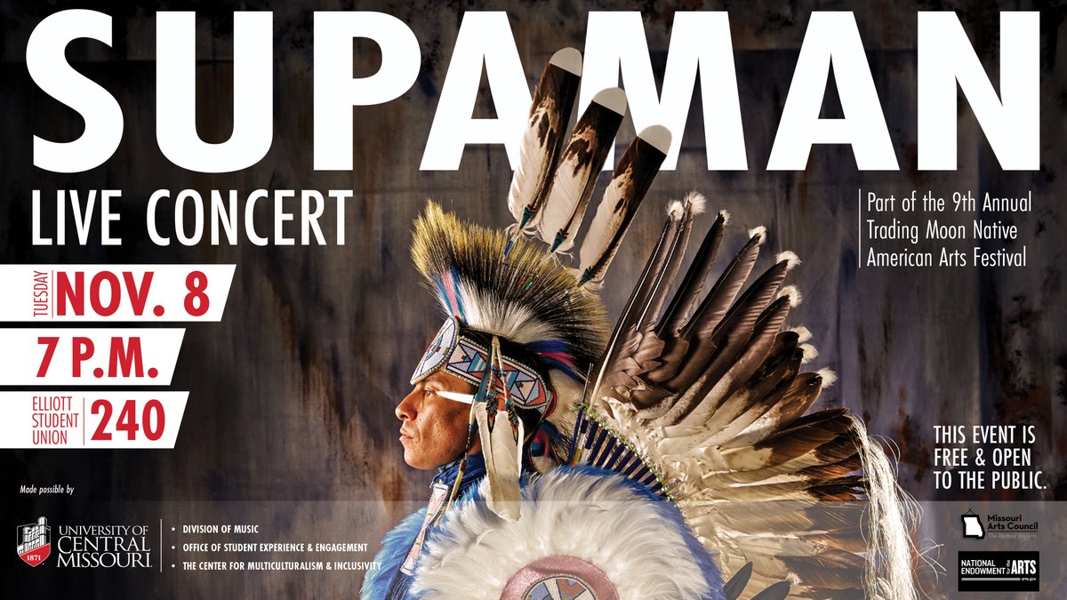 Enjoy a unique blend of comedy, dance and hip-hop music by @Supamanhiphop on Tuesday, Nov. 8 in the <a href="/UCMElliottUnion/">Elliott Student Union</a>. This free, public performance is part of the Ninth Annual Trading Moon Native American Arts Festival. bit.ly/3DedPVv
