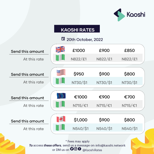 KaoshiRates's tweet photo. October 20th- π¬π§πΊπΈπͺπΊπ¨π¦
Send naira from the UK, US, EU and Canada to Nigeria at the best rates only on @KaoshiNetwork
#BestFXRates #KaoshiRates #P2PRates
https://t.co/UvuJr81kPW https://t.co/S1Ypx7LKpV