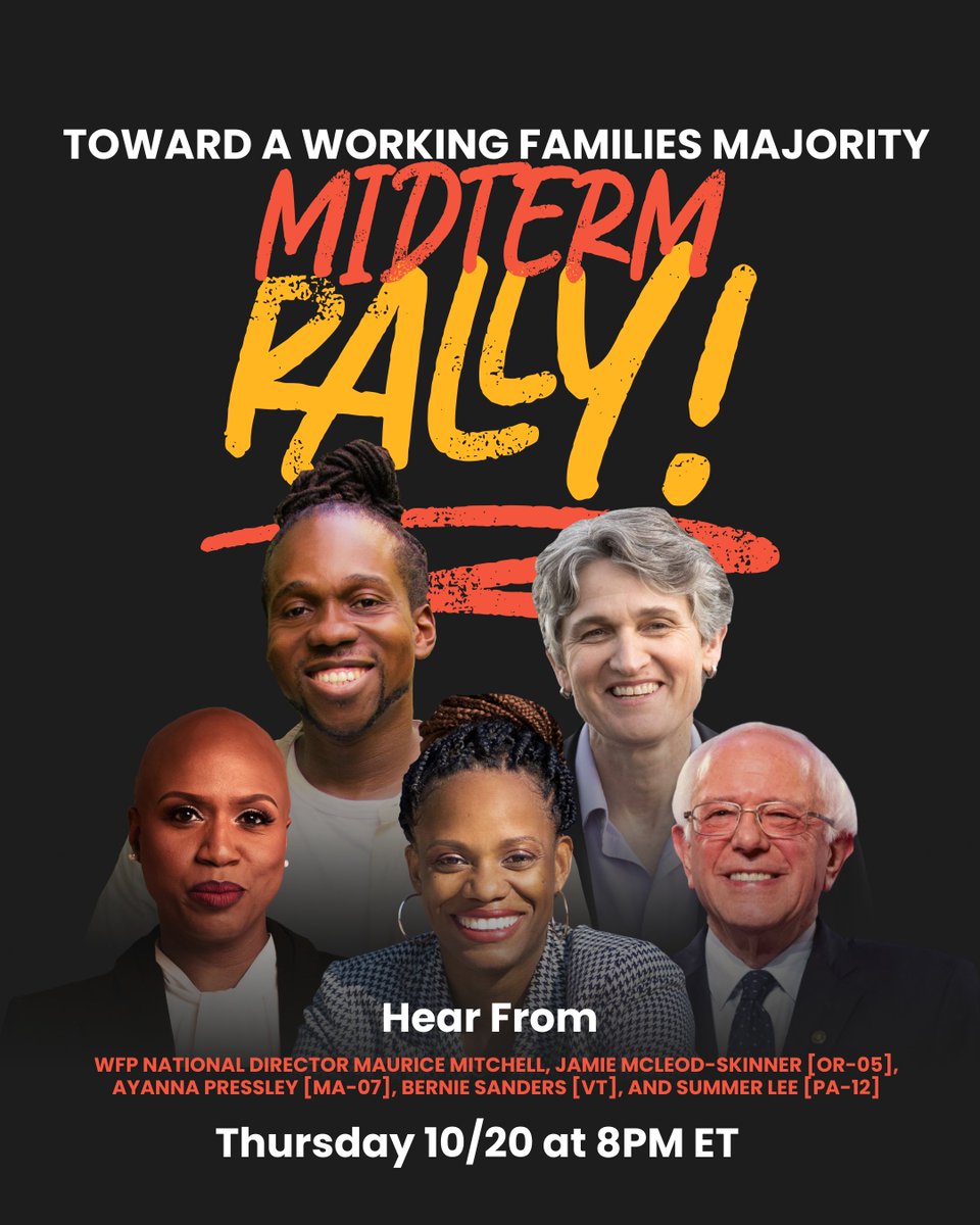 TONIGHT: We're holding a huge midterm get out the vote rally with @AyannaPressley, @SummerForPA, @JamieforOregon, and you might even hear a special message from @BernieSanders 👀🫡 RSVP: wfpus.org/rally
