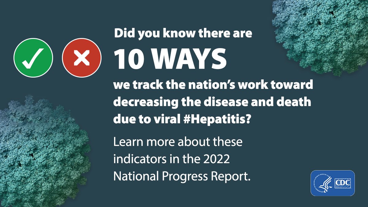 DYK? There are 10 ways we track the nation’s work toward decreasing the disease and death due to viral #Hepatitis. Learn more about these indicators in the 2022 National Viral Hepatitis Progress Report: bit.ly/3SGyff9
