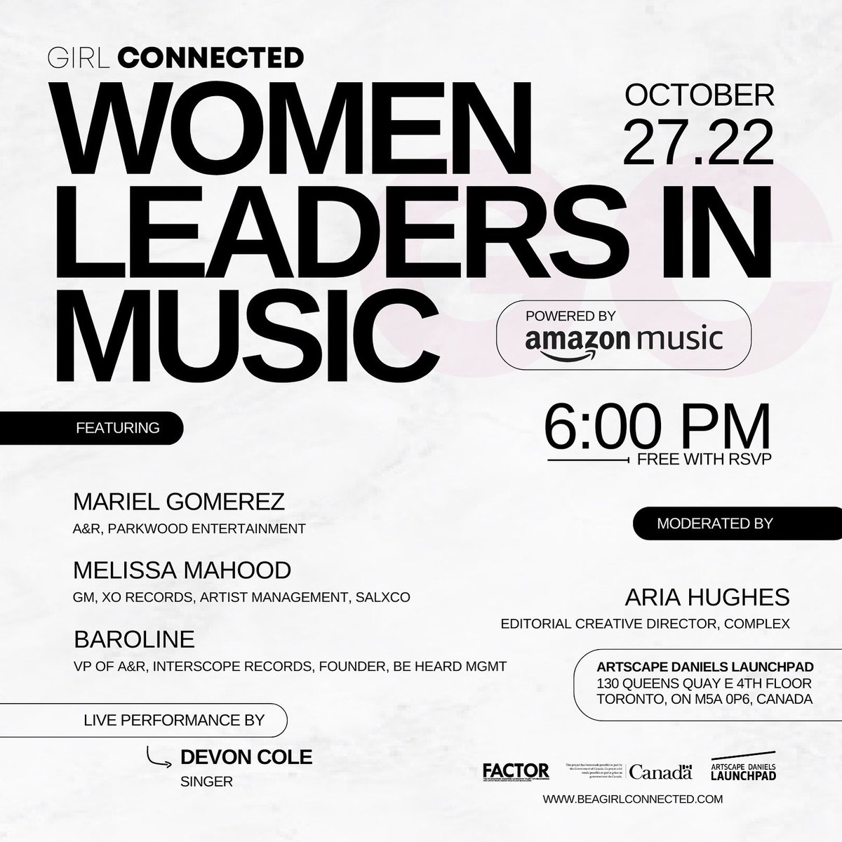 Join us this upcoming Thursday, Oct 27th to celebrate #WomensHistoryMonth. Girl Connected has partnered with Amazon Music Canada to produce a panel conversation celebrating women leaders in music! 

➡️RSVP: beagirlconnected.com