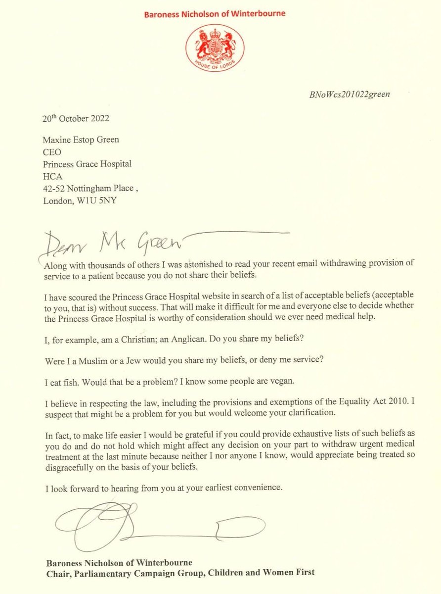 OnjaliRauf's tweet photo. "Were I a Muslim or a Jew, would you deny me service?"

THANK YOU @Baroness_Nichol for penning this brilliant letter.

@PGHosp #PrincessGraceHospital: You brought this fight against women to your own door. 

Now it's time to get answering.

#women #WomensRightsAreHumanRights https://t.co/YpX6UWl0yI