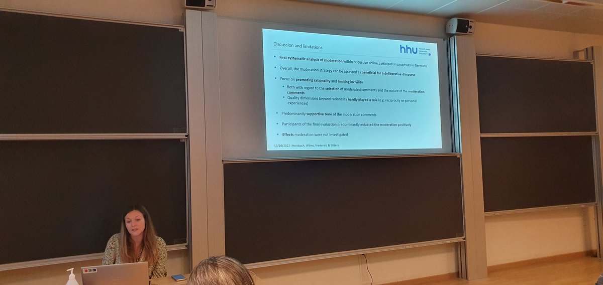 Chris Niederelz (@donstilodaponte) on Twitter photo The panel closes with <a href="/HeinbachD/">Dominique Heinbach</a> et al. who lays out how moderation can be understood as a two-step process. Tl;Dr: Moderators select, then they moderate according to several distinct styles that promote deliberative quality and curb #incivility. #ECREA2022 #meinfernsehen2021 The panel closes with <a href="/HeinbachD/">Dominique Heinbach</a> et al. who lays out how moderation can be understood as a two-step process. Tl;Dr: Moderators select, then they moderate according to several distinct styles that promote deliberative quality and curb #incivility. #ECREA2022 #meinfernsehen2021